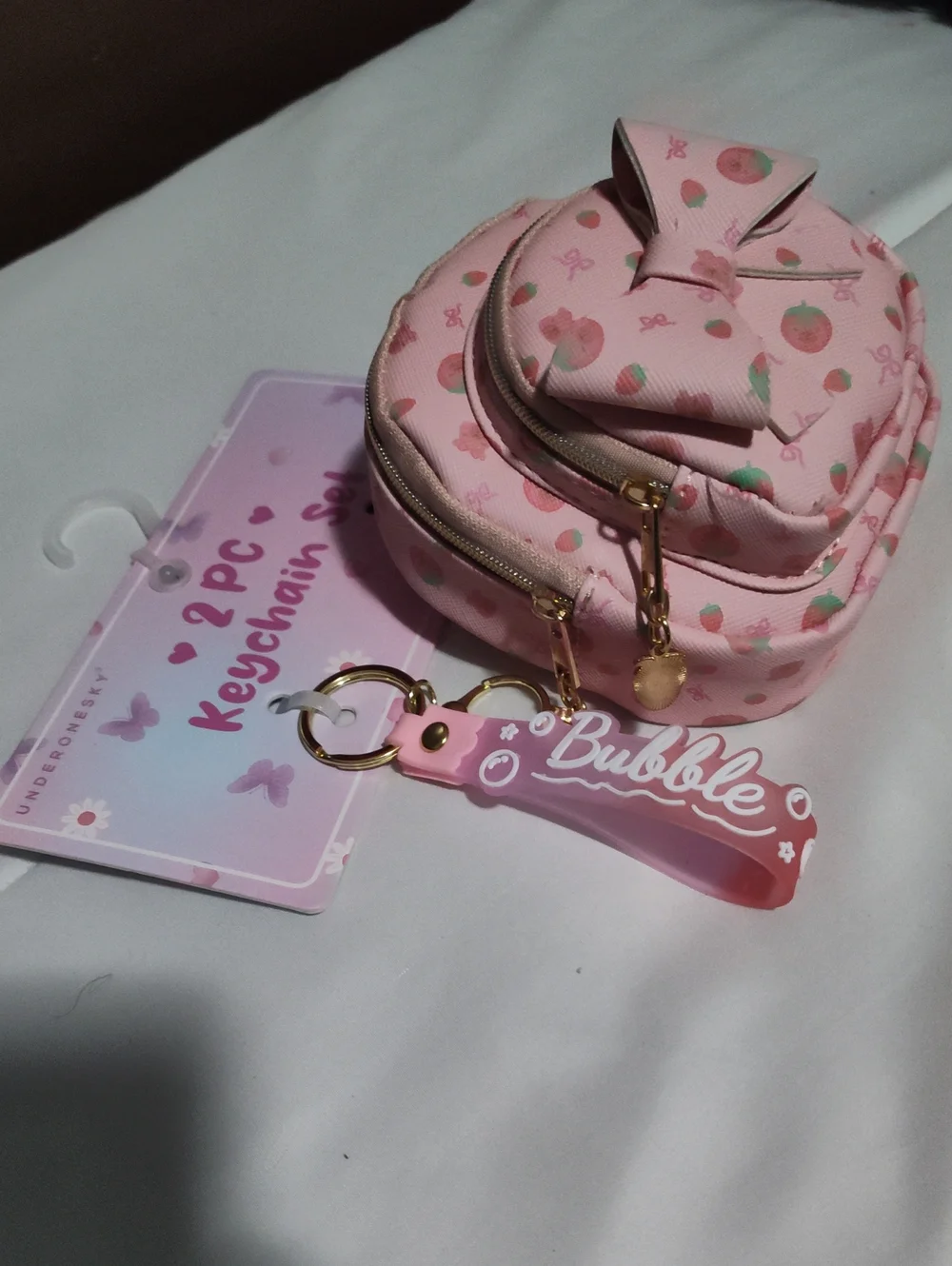 Under One Sky Pink Strawberry Bow Mini Backpack Keychain Set